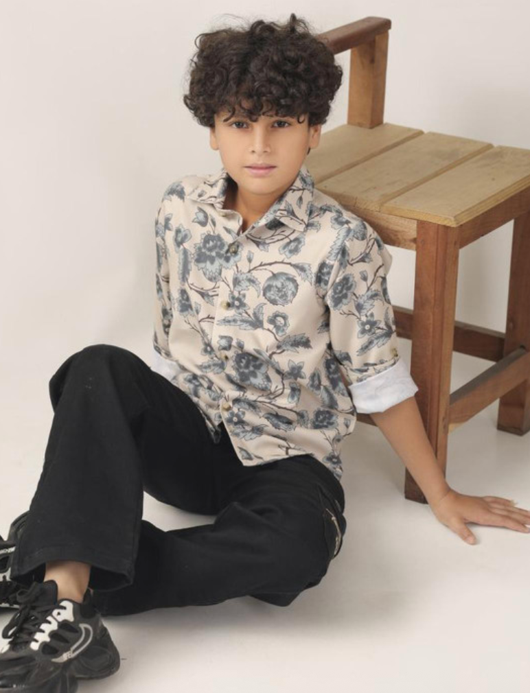Bearsoul Boys Floral Printed Spread Collar Cotton Casual Shirt