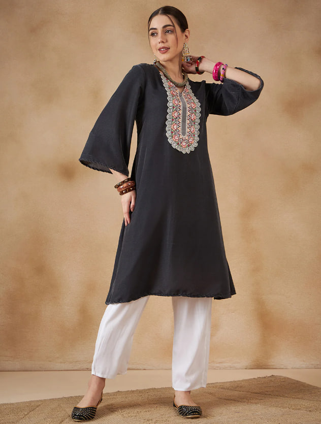 Dark Grey V Neck Bell Sleeve Patch Work Velvet Kurta