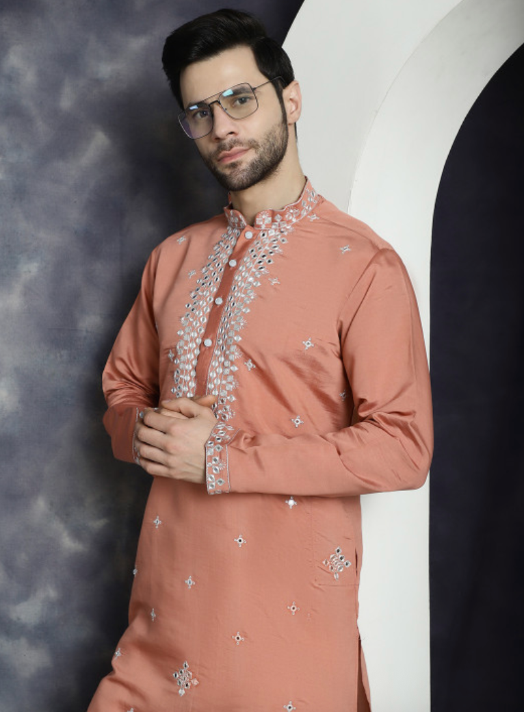 Embroidered Mandarin Collar Thread Work Kurta