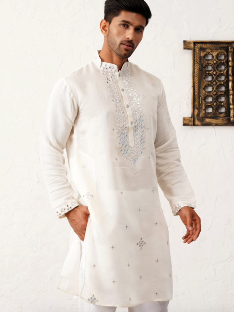 Floral Embroidered Mirror Work Mandarin Collar Cotton Silk Straight Republic Day Republic Day Kurta