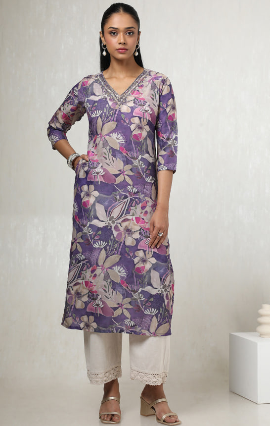 Floral Yoke Design Thread Work V-Neck Mirror Work Straight Kurta