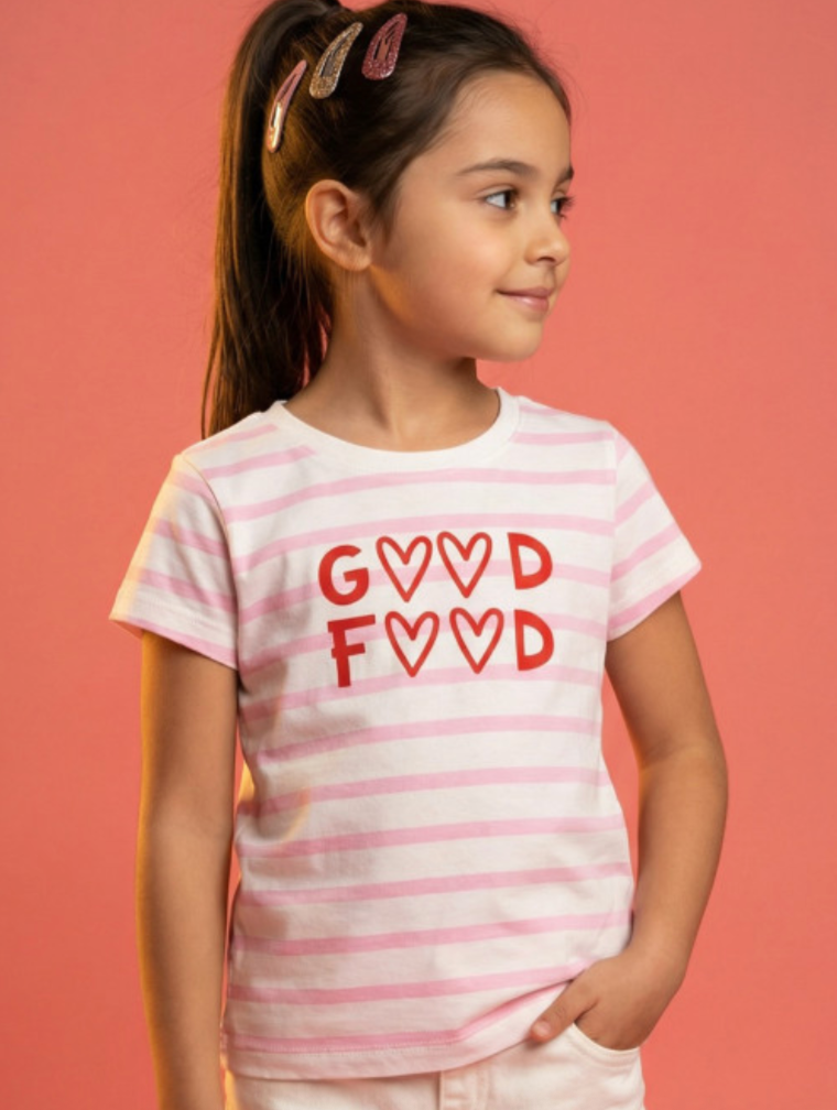 Girls Cotton Graphic Striped Crew Neck T-shirts