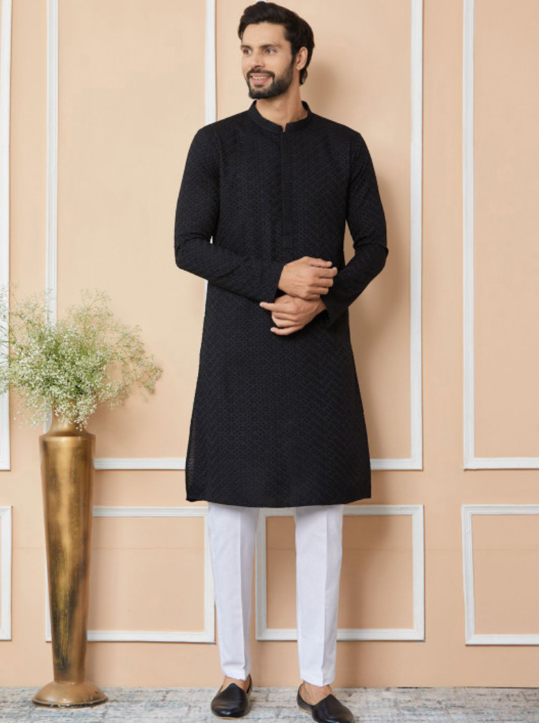 Mandarin Collar Long Sleeves Striped Woven Design Straight Kurta