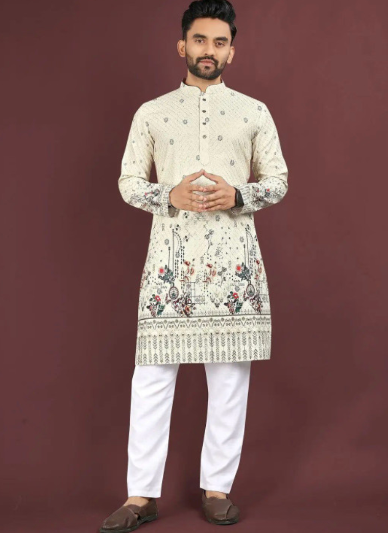 Men Geometric Printed Thread Work Floral Kurta