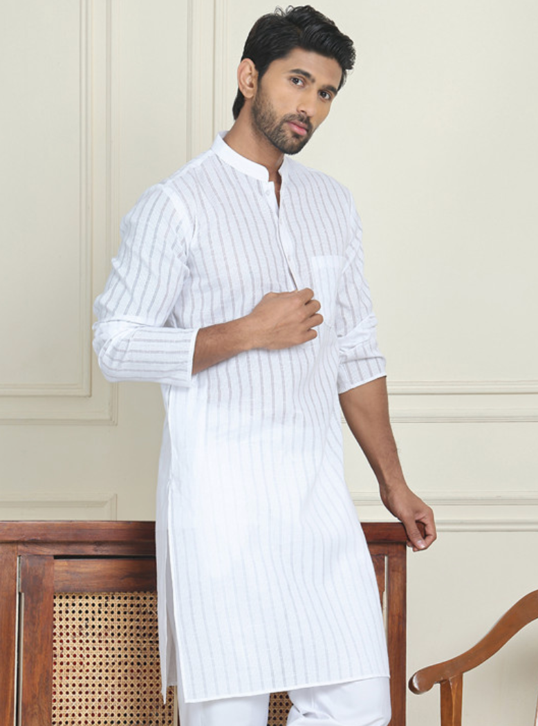 Striped Mandarin Collar Pure Cotton Straight Republic Day Republic Day Kurtas