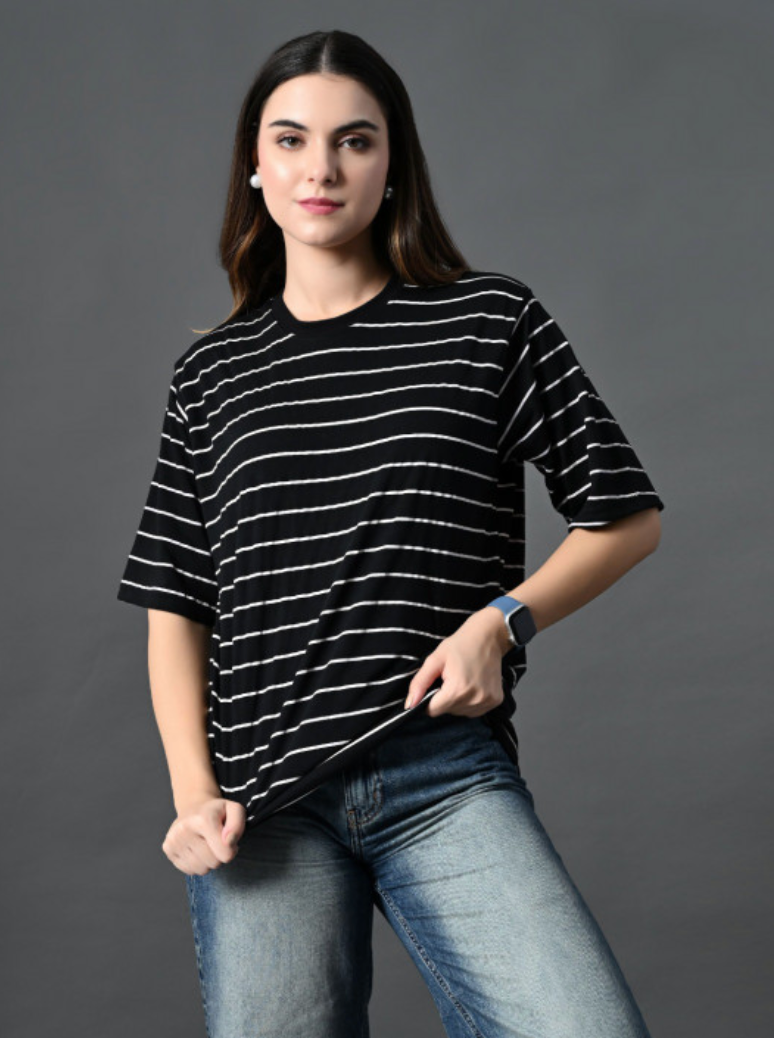 Women Bio Finish Striped Round Neck Cotton Relaxed Fit T-shirt