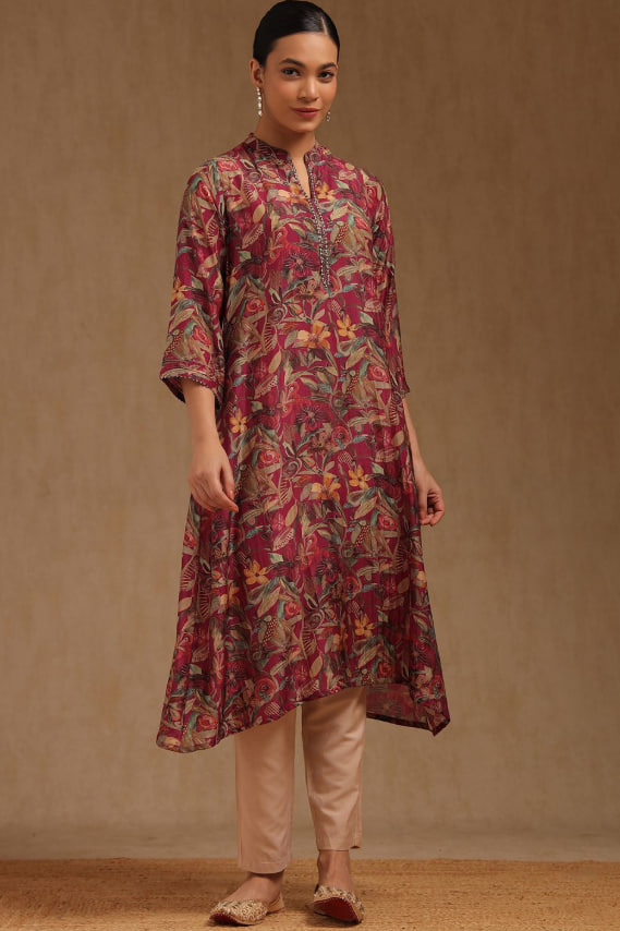 Women Floral Printed Festive Silk A-Line Kurta